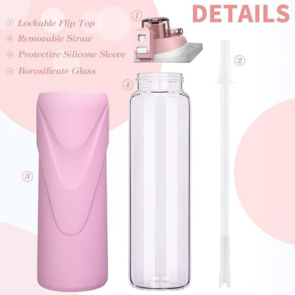32 oz Sports Glass Water Bottle with Straw & Silicone Sleeve Reusable BPA-free Borosilicate Glass Drinking Bottle with Flip Top Lid & Handle Wide Mouth (Pastel Pink)