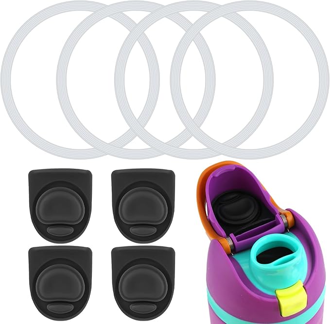4pcs Water Bottle Seal Circle & 4pcs Replacement Stopper, Silicone O Circle Rubber Lid Gasket Parts for Owala Free Sip 19oz 24oz 32oz 40oz, Cap Mouth Plug Gasket Accessories, BPA-Free (Black)
