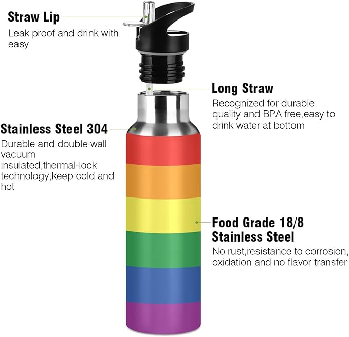 20oz Gay LGBT Rainbow Pride Flag Sports Water Bottle,Double Wall Vacuum Insulated Stainless Steel Lesbian Water Bottle with Straw Keeps Hot＆ Cold, Bike Running Travel Pride Day Month Gifts