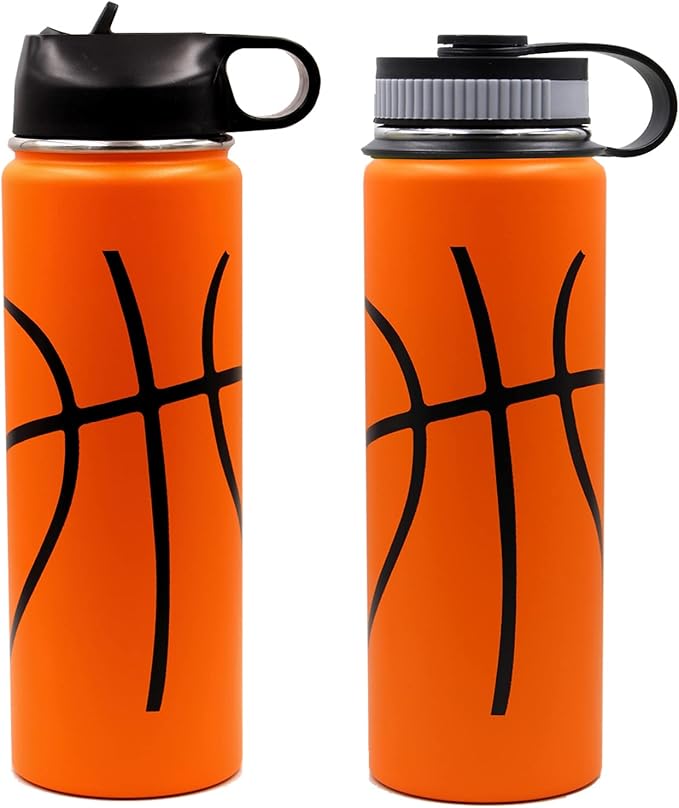 22 oz Basketball Water Bottle, Metal Thermo Bottle with 2 Lids 18/8 Stainless Steel Tumbler Double Wall Vacuum Insulated Flask for Gym, Travel, Sports (22oz, Basketball)
