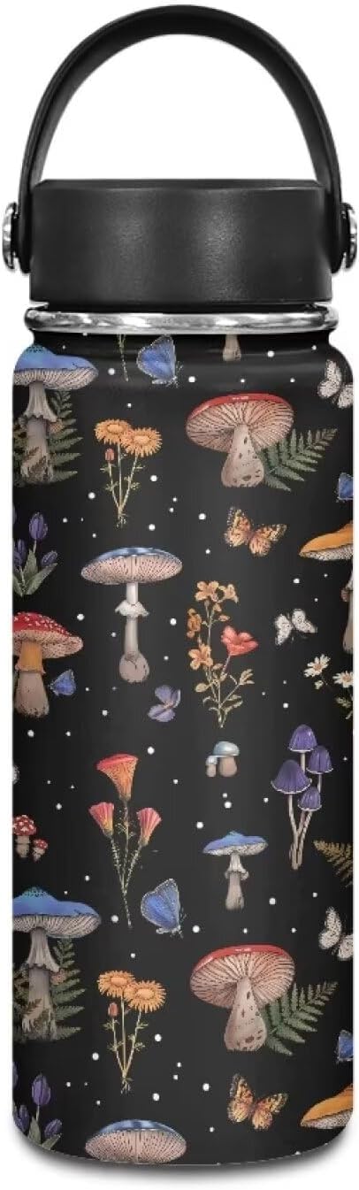 Mushroom Print Insulated Stainless Steel Water Bottle with Top Handle 18 Oz Vacuum Stainless Steel Sports Travel Water Bottle for Women Men