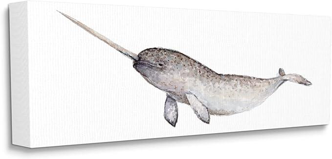 Stupell Industries Baby Narwhal Watercolor Painting Children's Nursery Aquatic Animal Canvas Wall Art, 48 x 20, Grey