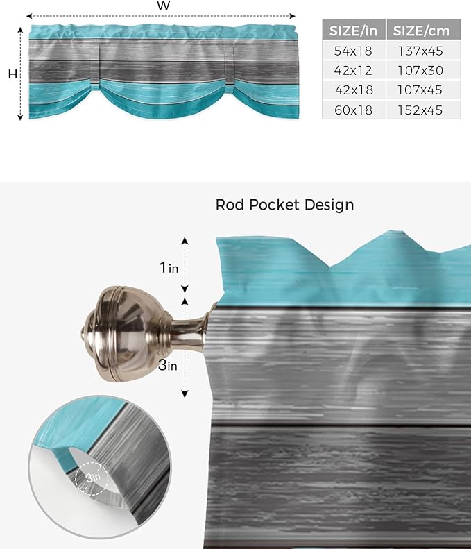Farmhouse Blackout Tie Up Valance Curtains for Kitchen Windows, Aqua Blue Gray Window Toppers Balloon Shades for Living Room/Bathroom/Bedroom,1 Panel,42" X 18" Retro Rustic Barn Wood Texture