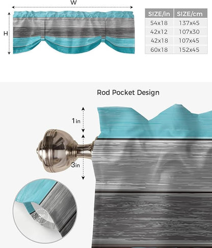 Farmhouse Blackout Tie Up Valance Curtains for Kitchen Windows, Aqua Blue Gray Window Toppers Balloon Shades for Living Room/Bathroom/Bedroom,1 Panel,60" X 18" Retro Rustic Barn Wood Texture