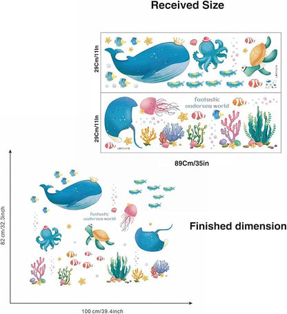 Colorful Ocean Life Wall Sticker Sea Creatures Wall Stickers Under The Sea Fish Jellyfish Removable Wall Decor Peel and Stick Underwater Sea Decor for Kid Baby Bathroom Bedroom Living Room (Style2)
