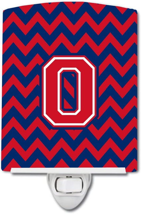 Caroline's Treasures CJ1054-OCNL Letter O Chevron Yale Blue and Crimson Ceramic Night Light Compact, UL-Certified, Ideal for Bedroom, Bathroom, Nursery, Hallway, Kitchen, 6x4x3, Multicolor