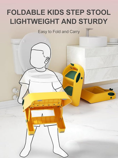 Toddler Step Stool Folding, Yellow, 2 Step Stool for Kids Bathroom Sink Potty Toilet, Gift to Give Stepping Stool for Todders 1-3, 11" 2 Steps & 4" Child Back Support, Easy to Use & Carry & Wash