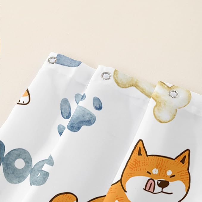 AILONEN Cute Dog Shower Curtain, Cartoon Shiba Inu Dog Bath Curtain,Pet Dog Paw Print Dog Lover Minimalist White Waterproof Curtain with 12 Plastic Hooks(72" W*84" H)