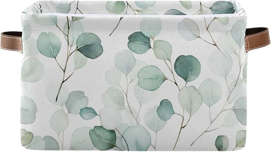 Wamika Leaves Flowers Storage Basket, Green and White Boho Botanical Foldable Storage Bins, 16x12x8 Inches, Durable Canvas Material, Easy to Clean, Collapsible for Space-Saving Storage