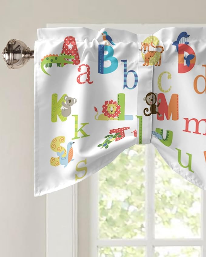 Cute Animals Alphabet for Kids Blackout Tie Up Valance Curtains for Kitchen Windows Colorful Printed Window Toppers Balloon Shades for Living Room/Bathroom/Bedroom,1 Panel,42" X 12"