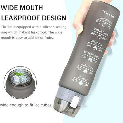 XACIOA Water Bottle with Straw,32oz Plastic Cup with Motivational Time Marker,1L Tritan Sport Lightweight Leakproof BPA-Free,Wide Mouth Fast Flow Ensure You Have Times to Drink,with Straw & Cup Brush