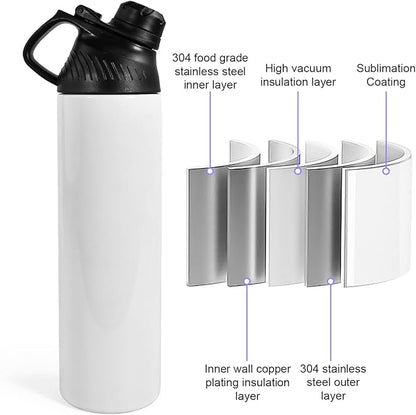 AGH 20 oz Sublimation Sports Water Bottle Blanks with Straw & Handle Lid Straight Tumblers Stainless Steel Metal Vacuum Insulated Flask for Glitter Vinyl, Sport Outdoor Travel 8pcs