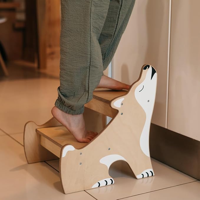 Crowned Cuddles - Premium Wooden Step Stool for Kids Toddler Step Stool, Kids Step Stool for Toddlers, Wood Step Stool for Kids Bathroom Sink, Kitchen Counter & Potty Stool (Natural)