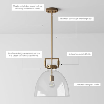 Nathan James Leigh Pendant Lighting, Hanging Ceiling Light with Oversized Glass Shade and Adjustable Cord, for Kitchen Island or Entryway, Vintage Brass/Clear