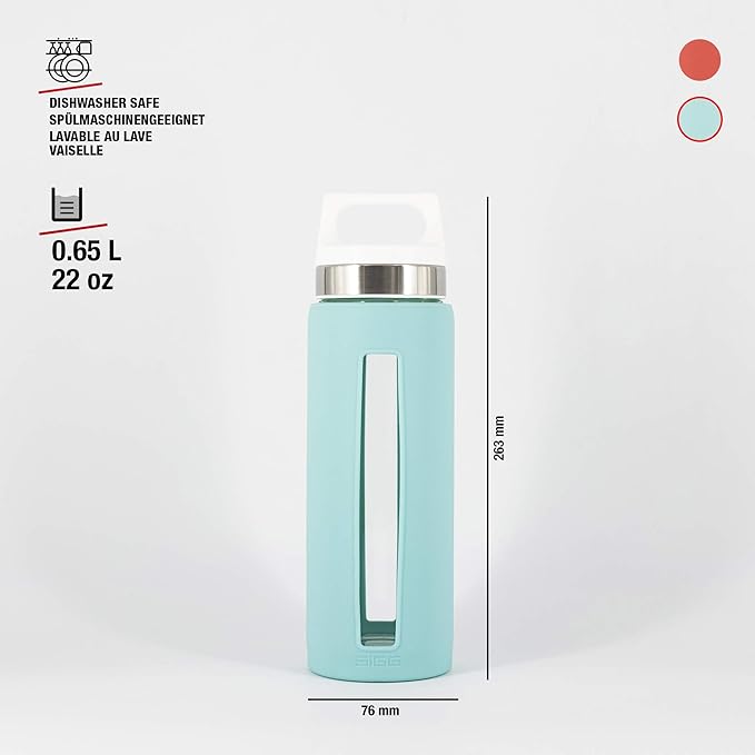 Sigg - Glass Water Bottle - Dream Glacier - Soft Silicon Cover - Leakproof - Dishwasher Safe - BPA Free - Broscilate Glass - 22 Oz