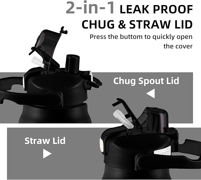 50oz/1.5L Insulated Sports Water Bottle, Stainless Steel Double Wall Water Jug with Handle, 2-in-1 Chug Spout and Straw Lid with Lock Cover for School, Outdoor, Sports & Travel, Black