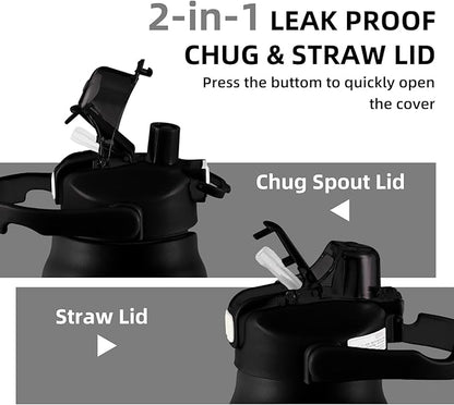 50oz/1.5L Insulated Sports Water Bottle, Stainless Steel Double Wall Water Jug with Handle, 2-in-1 Chug Spout and Straw Lid with Lock Cover for School, Outdoor, Sports & Travel, Black