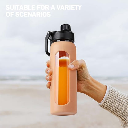 Glass Water Bottles with Straw -24oz- Water Bottle Phone Holder for Gym Sports Water Bottles with Silicone Sleeve Glass Drinking Bottles 2 Lids - Spout & Bamboo Straw Lid(Amber)