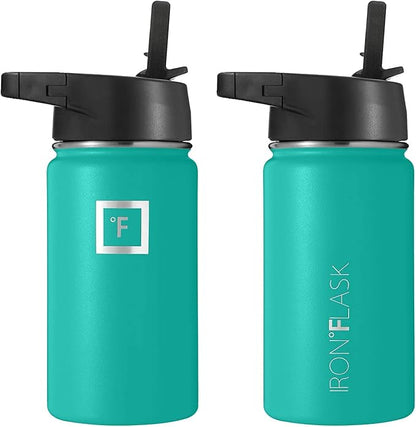 IRON °FLASK Sports Water Bottle - Wide Mouth with 3 Spout Lids - Stainless Steel Gym & Outdoor Bottles for Men, Women & Kids - Double Walled, Insulated Thermos, Metal Canteen - Aquamarine, 14 Oz