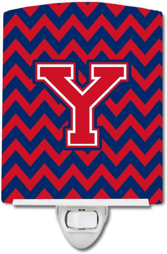 Caroline's Treasures CJ1054-YCNL Letter Y Chevron Yale Blue and Crimson Ceramic Night Light Compact, UL-Certified, Ideal for Bedroom, Bathroom, Nursery, Hallway, Kitchen, 6x4x3, Multicolor