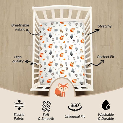 4 Pack N Play Sheets Woodland Forest Animals Wood Neutral Unisex Fitted Baby N Play Sheets Fitted for Standard Pack and Plays and Mini Cribs Set for Baby Boys or Girls
