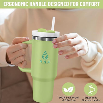 40oz stainless Steel Insulated Tumbler with Handle, lid and straw for cold water, Iced tea, or coffee - 100% Leak-Proof - Cupholder Friendly Travel Mug- Gifts for Women Men Him Her (Green)