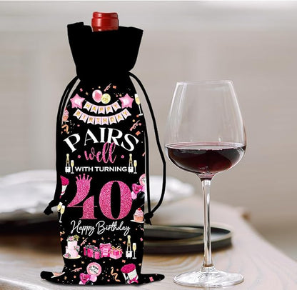 40th Birthday Gifts Women Men Wine Bag, 40 Year Old Birthday Gifts for Women Men, Happy 40th Birthday Party Decorations Woman Man, Pairs Well with Turning 40 Wine Bags (Black Pink)