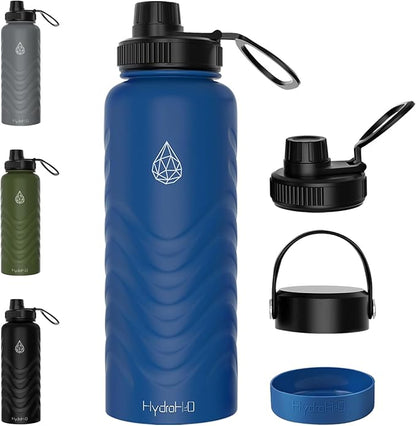 24 oz Insulated Water Bottle - Blue Water Bottle with Straw (Straw Lid & Spout Lid) & Silicone Handle & Boot - Wide Mouth Stainless Steel Water Bottles - BPA Free - (Blue, 750ml)