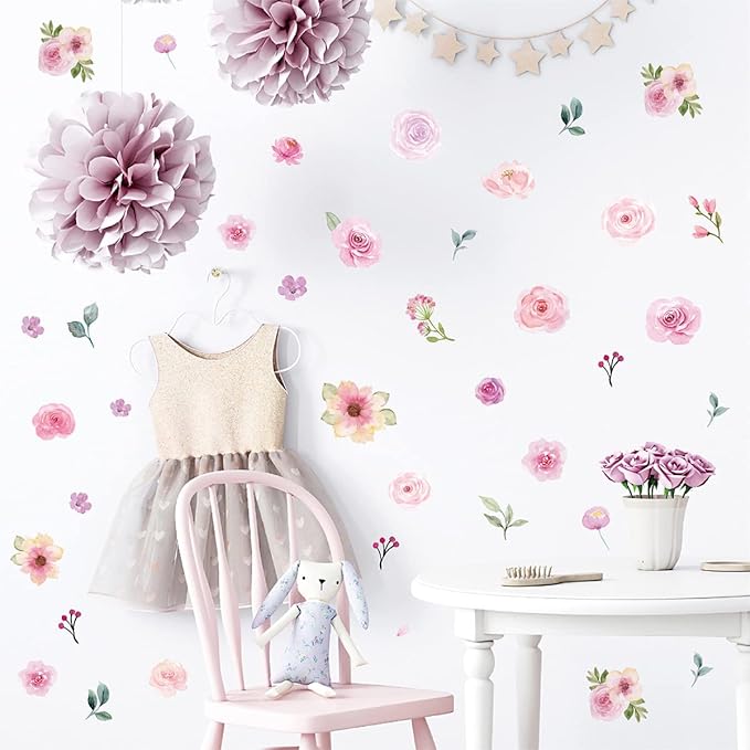 Pink Flower Wall Decals - Flower Peel and Stick Wall Stickers Vinyl Peony Floral Wall Stickers Pastel Flower Decor for Girls Bedroom Nursery Classroom Living Room (Pink Flower)