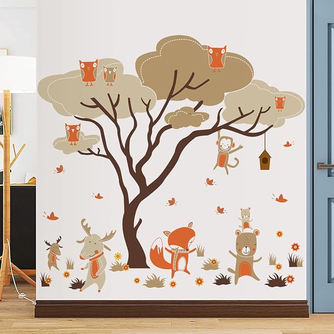 Woodland Animals Large Tree Wall Stickers Fox Deer Monkey Owl Wall Decals Removable DIY Peel and Stick Wall Decor for Kids Baby Bedroom Living Room