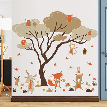 Woodland Animals Large Tree Wall Stickers Fox Deer Monkey Owl Wall Decals Removable DIY Peel and Stick Wall Decor for Kids Baby Bedroom Living Room