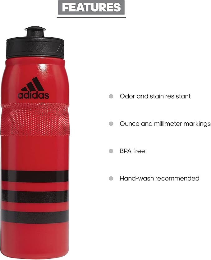 adidas 750 ML (28 oz) Stadium Refillable Plastic Sport Water Bottle, Scarlet Red/Black, One Size