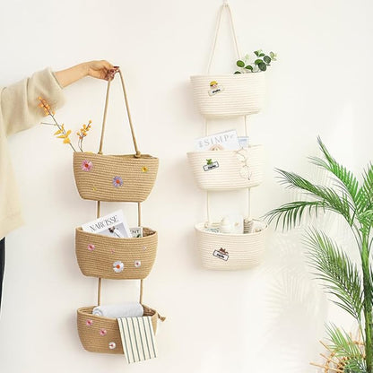 TeoKJ Over the Door Hanging Basket, 3-Tier Woven Cotton Wall-Mounted Storage Organizer Bag Decorative with Self Adhesive Write-On Sticker Hanging Nursery Baskets - Jute