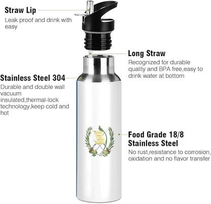 Guatemala Flag Sports Water Bottle, Double Wall Vacuum Insulated Stainless Steel Water Bottle with Straw Keeps Hot and Cold, Bike Running Sports Travel Gym 20oz