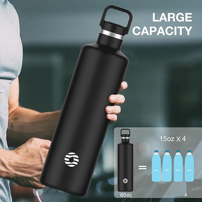 60oz Water Bottle with Carrier Bag, Large Insulated Water Bottle, Stainless Steel Water Bottles, Double Walled Insulated Thermo for Hot Drinks/Cold Drinks, Great for Gym,Hiking,Camping (Iron Black)