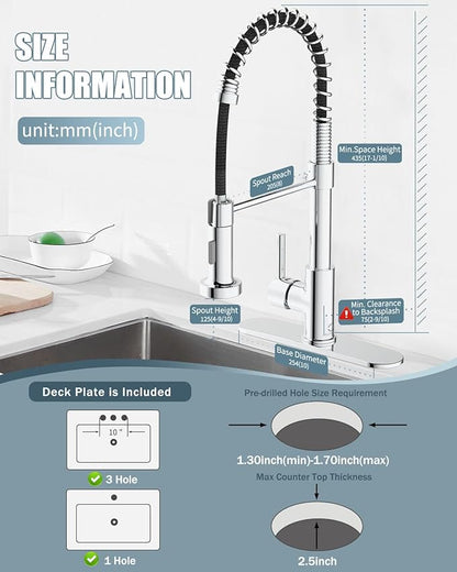 Kitchen Faucet,Chrome Kitchen Faucet with Soap Dispenser and Deck Plate,Faucet for Camper Farmhouse RV Kitchen Sink,Single Handle Stainless Steel Kitchen Sink Faucets with Pull Down Sprayer