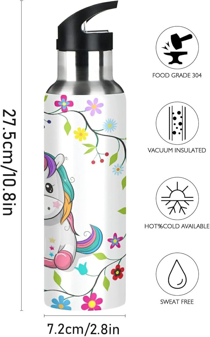xigua Cute Cartoon Unicorn Water Bottle, BPA Free Stainless Steel Water Bottle Leak-Proof Sports Bottle for Camping Workouts Gym and Outdoor Activity, 22oz