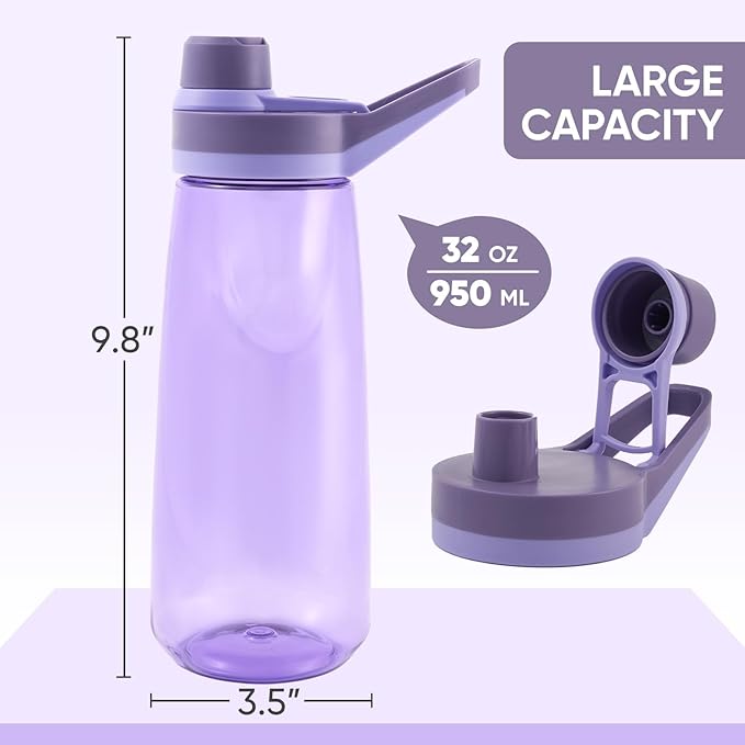 Kerilyn 32oz Water Bottle, Wide Mouth Plastic Water Bottles Chug Lid Sports Water Bottle, Reusable Water Bottle With Handle, Leak-Proof Clear Water Bottle for Travel, Fitness, Men, Women, Purple