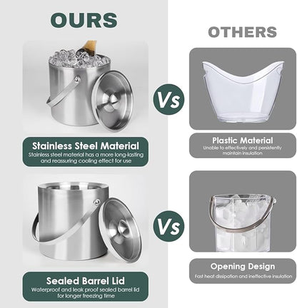 3L Double-Wall Insulated Stainless Steel Ice Bucket with scoop for Cocktail Bar - Metal Ice Bucket for freezer with Lid for parties, Camping,and More!champagne bucket,bar cart accessories (silver)