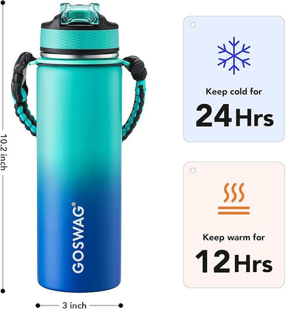 GOSWAG Insulated Sports Water Bottle, 24oz 2 Lids(with Straw/No Straw), Stainless Steel Water Bottles with Paracord Handle, Insulated Thermos with Double-Wall Vacuum Insulation