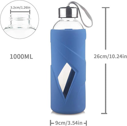 32 oz Borosilicate Glass Water Bottle BPA Free Reusable Glass Drinking Bottle with Silicone Sleeve and Stainless steel Lid