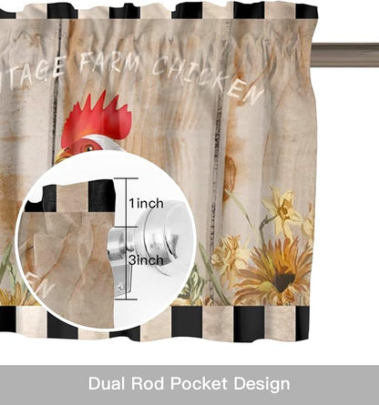 Farmhouse Kitchen Curtains Valances for Windows Sunflower Vintage Farm Chicken Rod Pocket Window Treatment for Kitchen/Living Room/Bedroom/Bathroom,42" X 12" -1 Panel, Black White Plaid