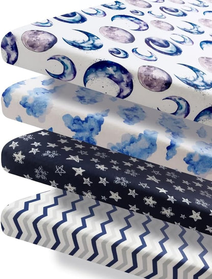 4 Pack Fitted Pack N Play Sheets for Baby Boys Neutral Unisex Breathable Soft Toddler Mini Crib Sheets for Pack and Play Mattress (Sky)