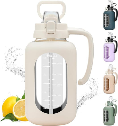 64 oz Glass Water Bolttles Half Gallon Large Motivational Water Bottle with Time Marker Sports Water Bottles with Silicone Sleeve and Handle Lid Water Jug for Gym Workout-1 Pack