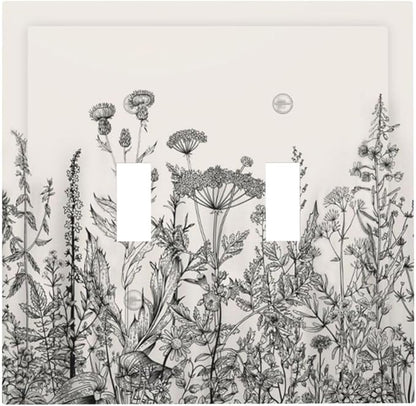Vintage Grey Floral Herbs Wild Flowers Botanical Double Toggle Boho Light Switch Covers Decorative Country Unique 2 Gang Wall Plate Dual Electrical Faceplate Switchplate for Living Room