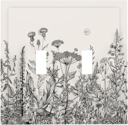 Vintage Grey Floral Herbs Wild Flowers Botanical Double Toggle Boho Light Switch Covers Decorative Country Unique 2 Gang Wall Plate Dual Electrical Faceplate Switchplate for Living Room