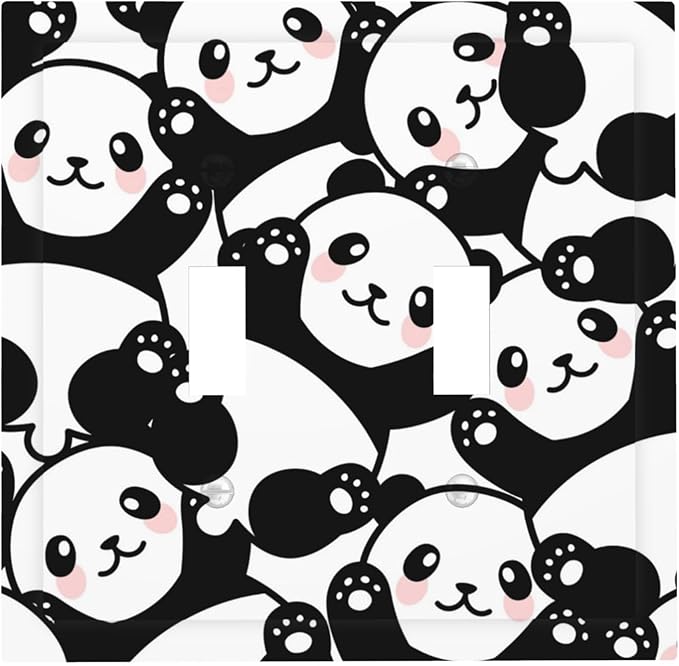 Cute Panda Double Toggle Light Switch Covers 2 Gang Wall Plate Dual Decorative Switchplate Electrical Faceplate for Bathroom Country Kitchen Bedroom Decor, 4.9" x 5"