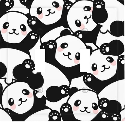Cute Panda Double Toggle Light Switch Covers 2 Gang Wall Plate Dual Decorative Switchplate Electrical Faceplate for Bathroom Country Kitchen Bedroom Decor, 4.9" x 5"