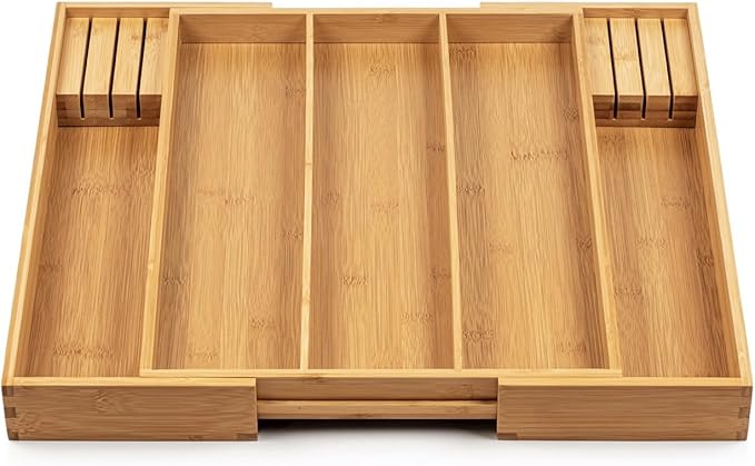 Purawood - Large Premium Bamboo Silverware Organizer with Knife Blocks - Expandable Kitchen Drawer & Utensil Organizer, Cutlery Tray with Drawer Dividers for Kitchen Flatware (3-5 Slots) (Natural)