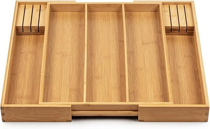 Purawood - Large Premium Bamboo Silverware Organizer with Knife Blocks - Expandable Kitchen Drawer & Utensil Organizer, Cutlery Tray with Drawer Dividers for Kitchen Flatware (3-5 Slots) (Natural)